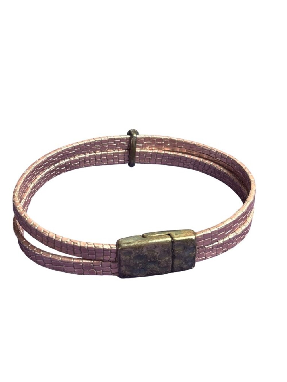 Pink Metallic Faux Leather Bracelet Hammered Silvertone Magnetic Clasp